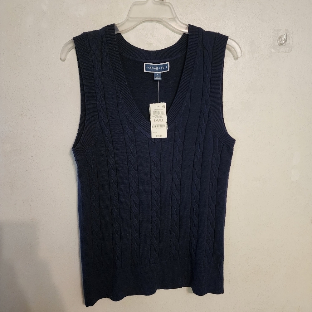 Karen Scott Dark Academia Preppy Navy Blue Sweater Cable Knit Vest Size S NWT